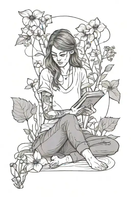 minimalistic single-line tattoo of a girl sitting in Henbane, Foxglove, Primrose, Monkshood and dandelion while reading tattoo design idea