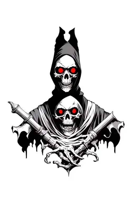 skull grim reaper with red eyes and a shadow tattoo design idea