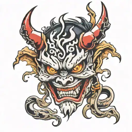 alchohol addiction japanese demon mask tattoo design idea