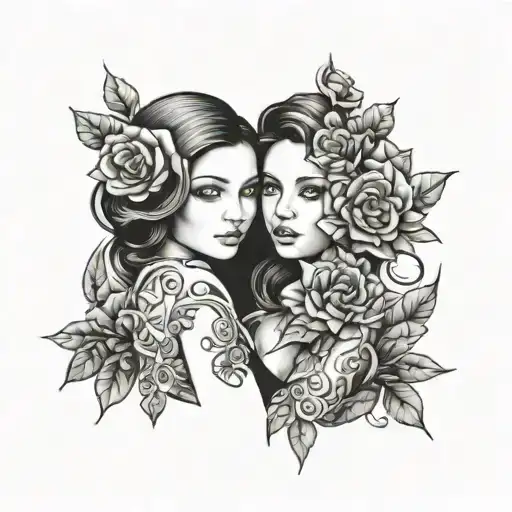 sisters with 3 flowers tattoo design idea