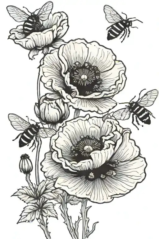Three poppy flowers with leaves black outline and three honey bees hovering over flowers tattoo design idea