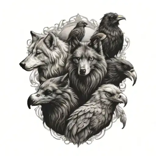 four creatures (wolf, phoenix, raven, and griffin) individually represented according  tattoo design idea