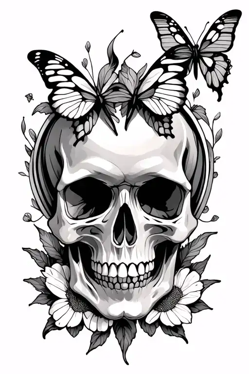 Iris small skull sorrounded by flours butterflies and demons tattoo design idea