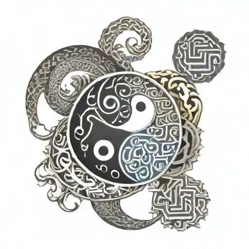 yin yang with endless knot intertwined tattoo design idea
