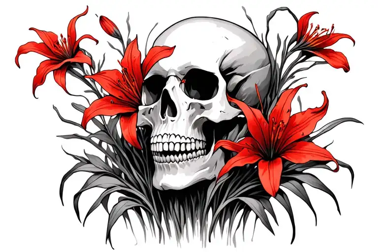 skull with red spider lillies growing tattoo design idea