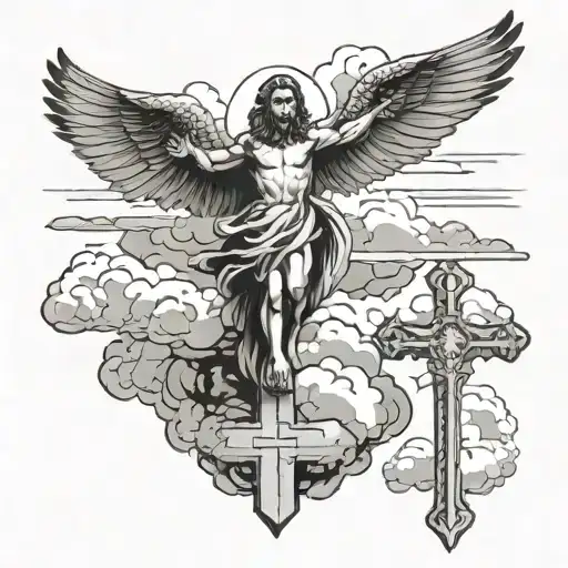 3 crosses jesus cross, eagle soaring, clouds surrounding tattoo design idea