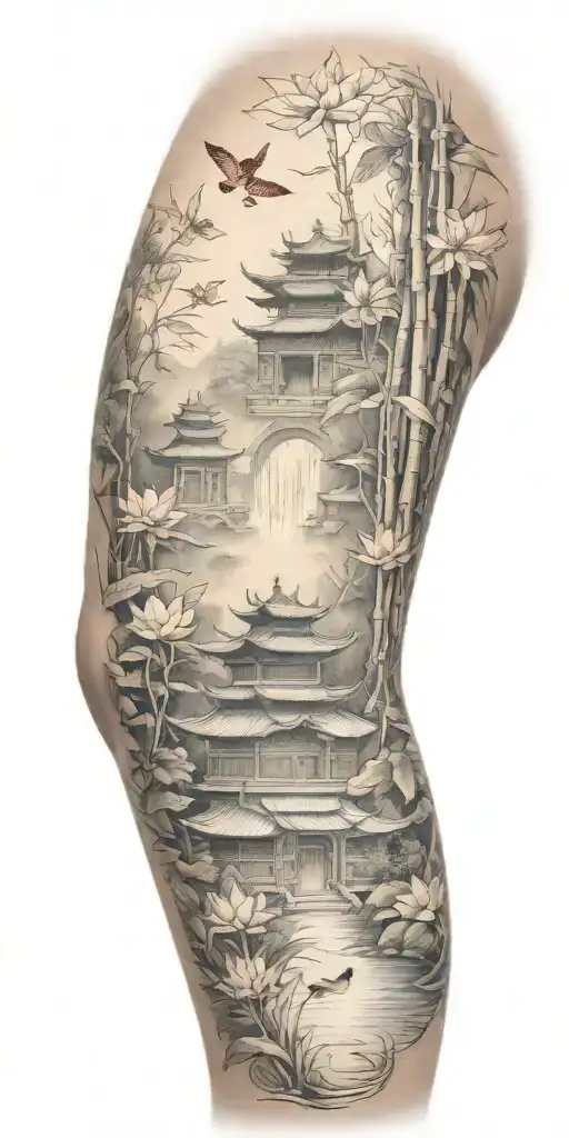 traditional scenario of nature inspired by Buddhist symbols. include bamboo, lotus, koi fish representing a spiritual  tattoo design idea