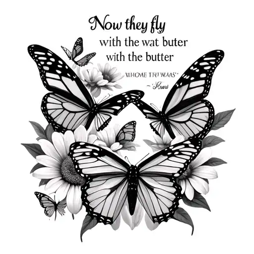two monarch butterflies, other small, different butterflies, flowers with a quote that says now they fly with the butter tattoo design idea