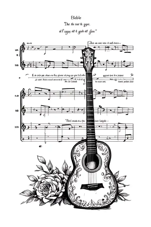 bible scripture in front of music staff with guitar beside piece  tattoo design idea