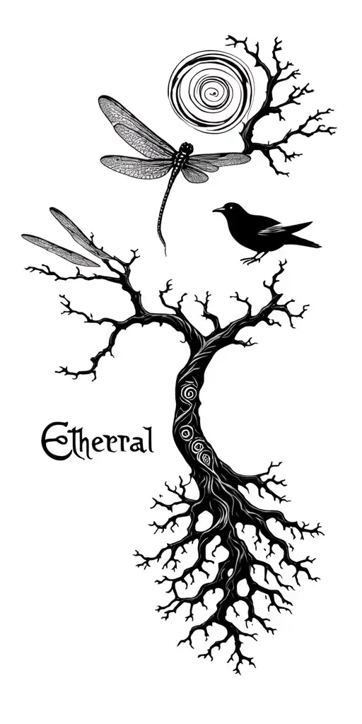 tree with dragonfly with spiral head and a crow flying, roots on the wrist creating the word ethereal tattoo design idea