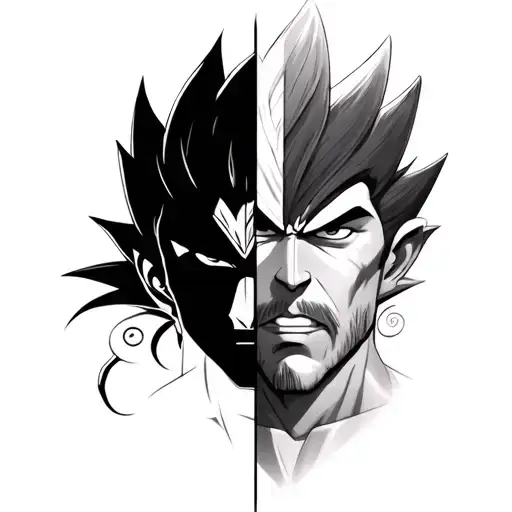 half face vegeta from dbz and half face mahadev face realistic tattoo design idea