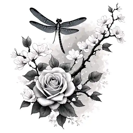 dragonfly perched roses and cherry blossom tree tattoo design idea
