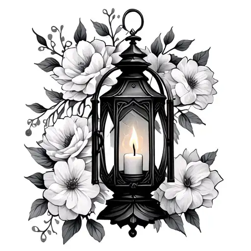 gothic lantern with candle burning surrounded by flowers with two watch faces incorporated  tattoo design idea
