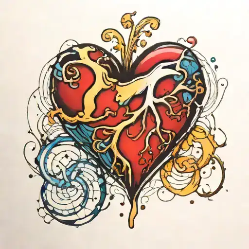 a realistic basic heart with curvy lines around it, splash of colors  tattoo design idea