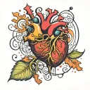 a realistic basic heart with curvy lines around it, splash of colors  tattoo design idea