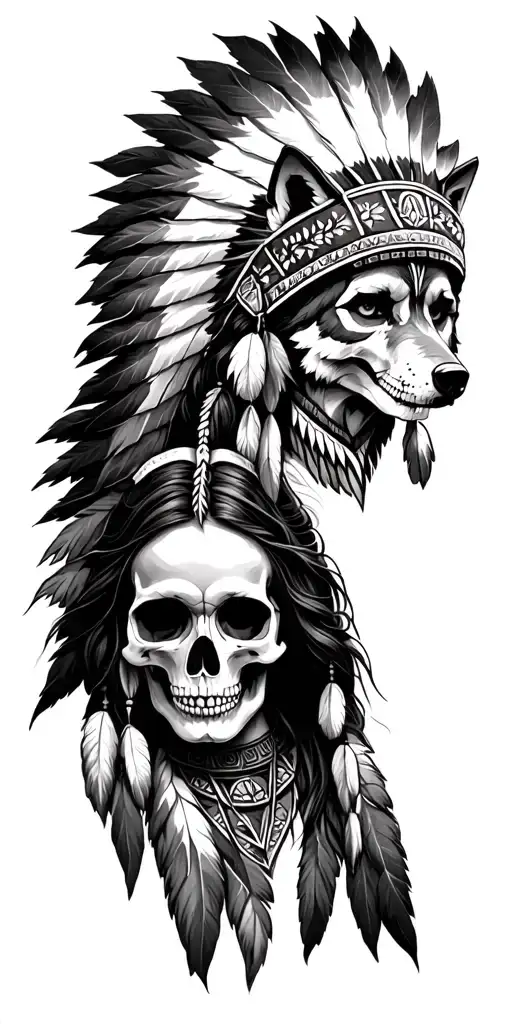 Native American sleeve skulls chief headress with women and wolf head  tattoo design idea