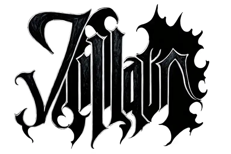 the word villain in a masculin, cursive manuscript tattoo design idea