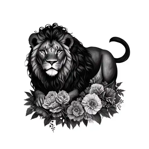 girl lion in a bed of flowers wrapping tattoo design idea