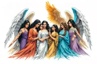 A group of diverse angels and fallen angels coming together in unity, symbolizing finding your soul tribe tattoo design idea