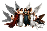 A group of diverse angels and fallen angels coming together in unity, symbolizing finding your soul tribe tattoo design idea