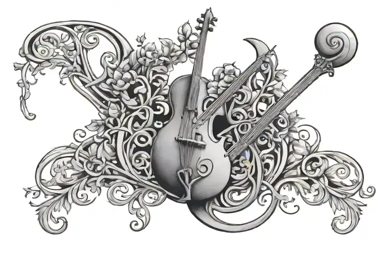 lyre and the sun connected by vines tattoo design idea