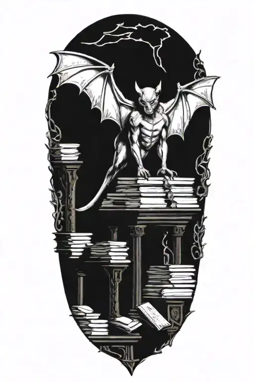 A bat gargoyle. Standing on a pile of corpses and books. Temple of Sharr, Myrkul, occultism, tortured souls tattoo design idea