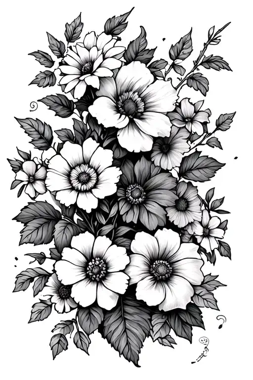 Rose, Honeysuckle, Aster, Morning Glory, Violet, Primrose, Marigold,and Cosmos on a vine with a western boho twist spine tattoo design idea