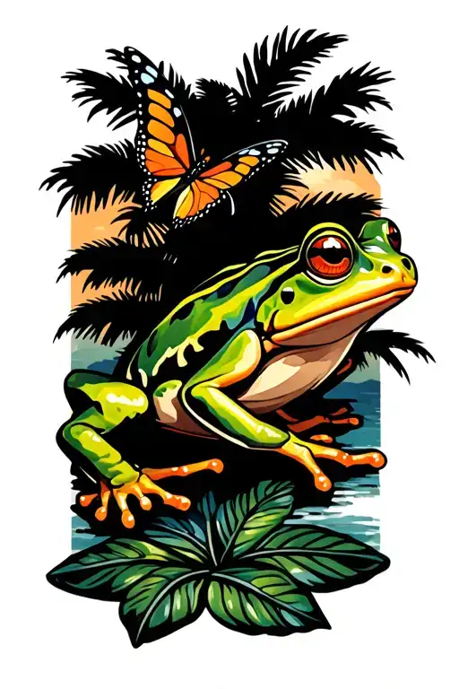 frog, palm trees, butterfly flying tattoo design idea