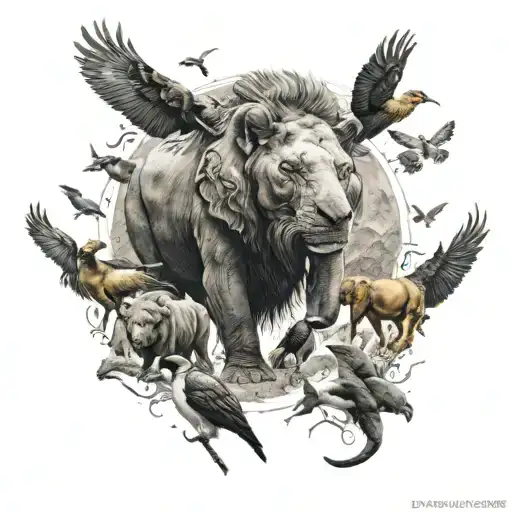 One picture with all these animals Dolphin, elephant, scorpion, buffalo, bear, lion, wolf, orca Eagle butterfly, raven tattoo design idea