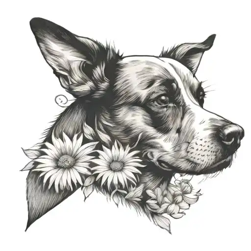 Daisies and sweet pea flower around dog nose print tattoo design idea