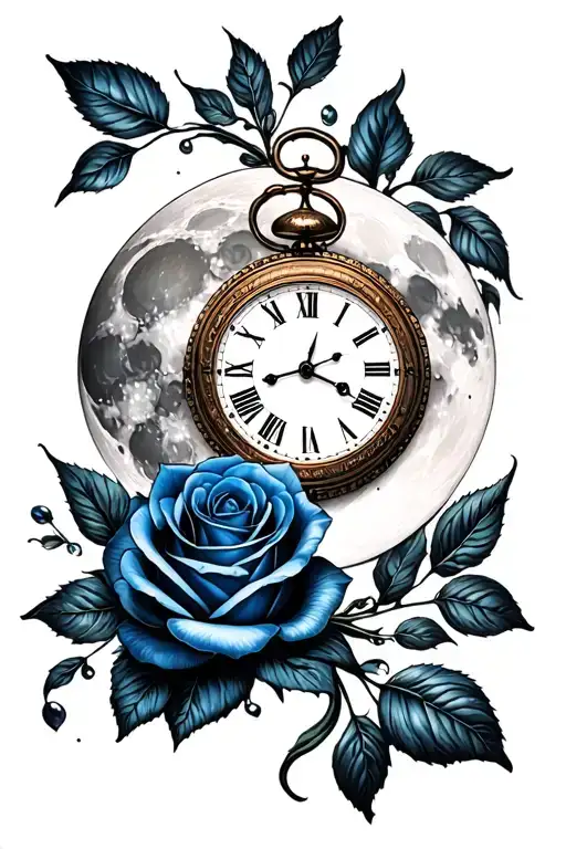 Full moon, clock and blue rose tattoo design idea