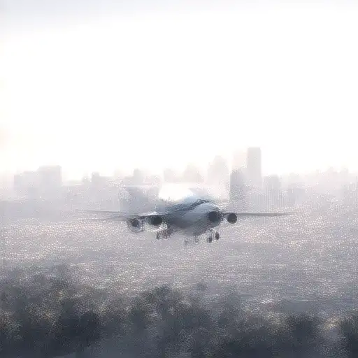 realism style of Boeing 747 landing into San Diego airport with downtown in background at sunset with some palm trees tattoo design idea