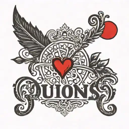the name "Quiones" in red ink written in a pretty font with a little red heart at the end  tattoo design idea