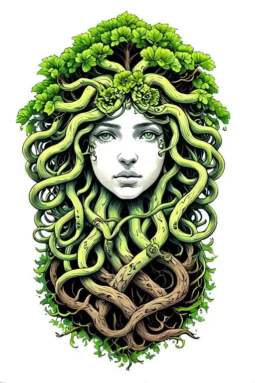 Medusa intertwined with a tree growing tattoo design idea