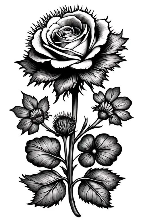 dainty Tudor rose, small thistle and small clover. details ahould look like stitching. fine line with minimal shading.  tattoo design idea