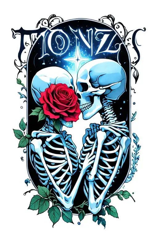the word 'Tonz' 2 skeletons kissing and Star transforming into a rose tattoo design idea