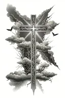 3 crosses with light rays and clouds with psalm 23:4 tattoo design idea