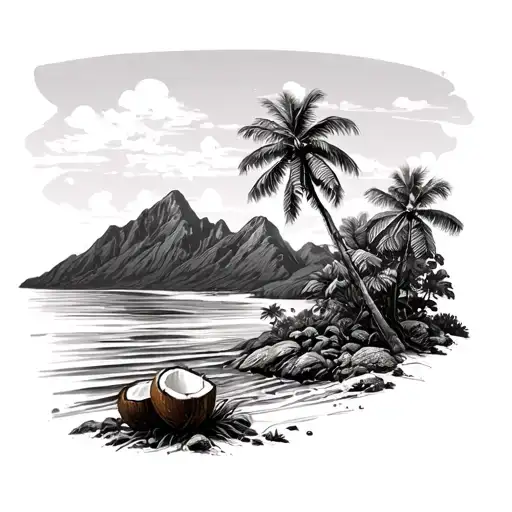 Coconut Tree and mountain landscape tattoo design idea
