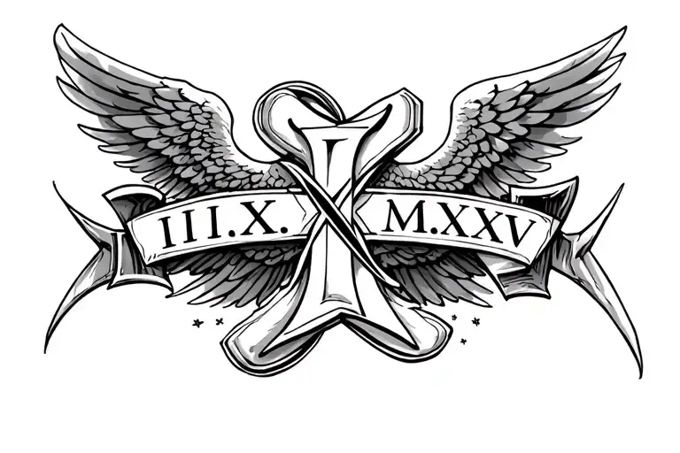 "III.XX.MMXXV" angel and cross with roman numerals tattoo design idea