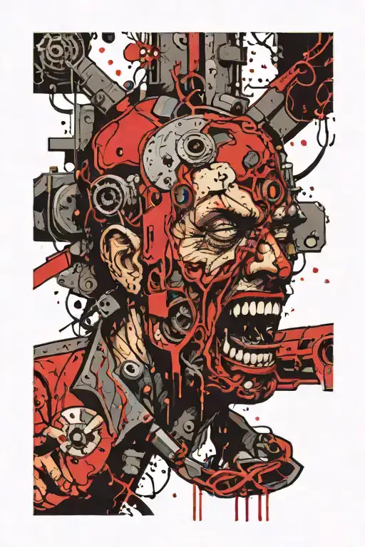 a living furnace shoveling drugs, gun's, and all manner of filth into it's mouth which is the furnace door. tattoo design idea