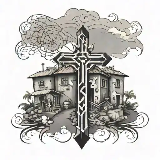 Christian cross surrounded by favela in Brazil tattoo design idea