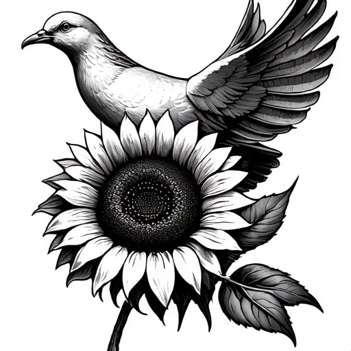 A dove carrying a sunflower in its beak, representing peace and growth inspired by Jesus tattoo design idea