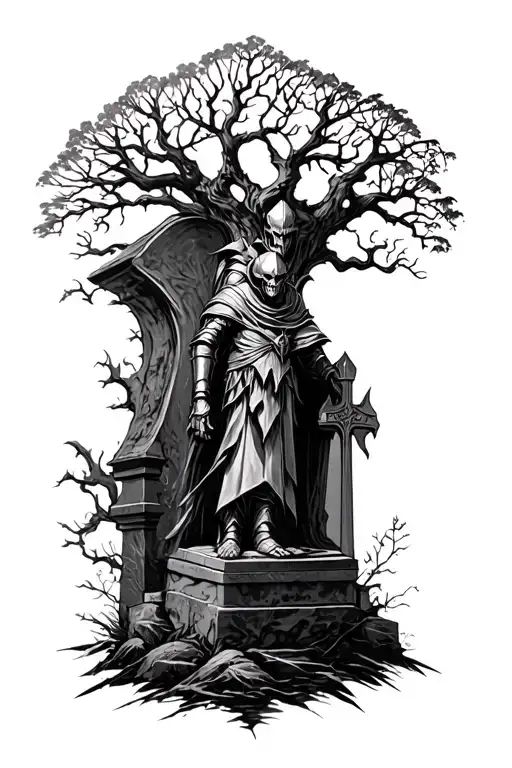 dark medieval realism tattoo with a grave sight, tree, evil knight,  tattoo design idea