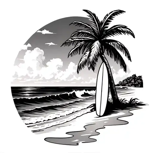 Tropical Hawaiian beach with a nice palm tree and and a surf board leaning against the palm tree with pretty ocean waves tattoo design idea