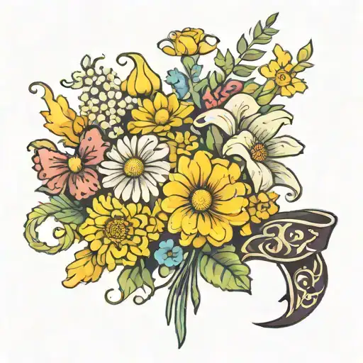 Chrysanthemum, holly, narcissus, Marigold, Cosmos, daisy and sweet pea with a bow holding the bouquet and the number 33  tattoo design idea