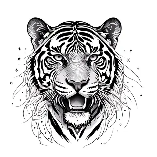 An intricate tiger design with Aquarius constellation incorporated, representing strength and individuality tattoo design idea