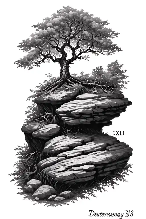 "Deuteronomy 31:8" XLI, tree of life intertwined with vines, calm after a storm, 5 smooth rocks, cliff, new beginnings tattoo design idea