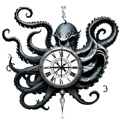 kraken clock compass and clock intertwined tattoo design idea
