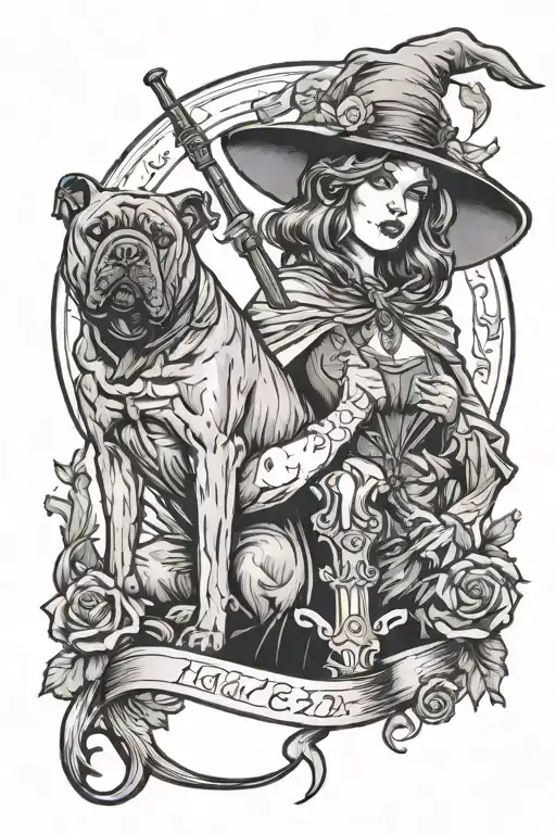witch with cane corso dog tattoo design idea
