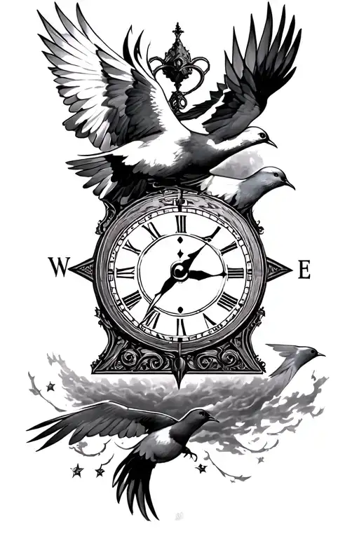 half compass half clock with doves flying away tattoo design idea